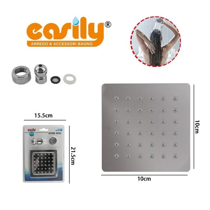 Soffione Doccia Bagno Acciaio Inox Ultra Slim Lucido Cromato 10Cm-Quadrato
