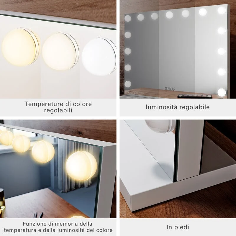 SONNI Specchio Trucco con luci tricolore regolabile 58x45.5x12 cm