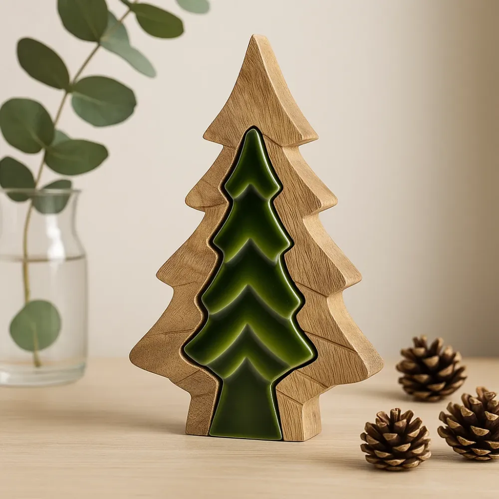 Decorazione ad albero annidata legno di mango smalto verde 15x10cm