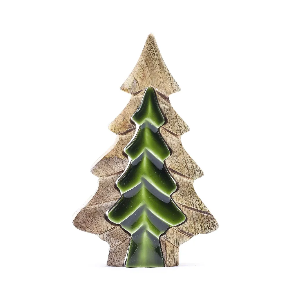 Decorazione ad albero annidata legno di mango smalto verde 15x10cm