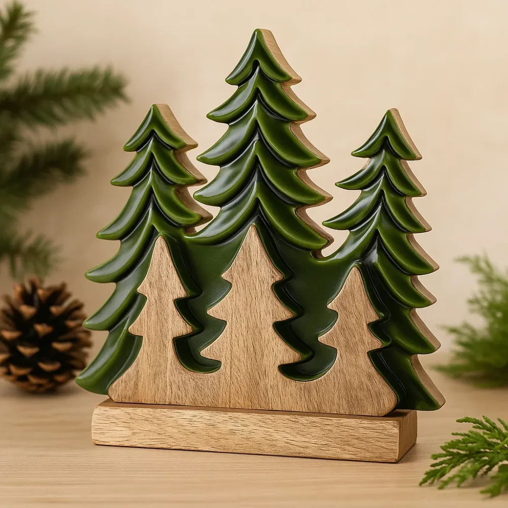 Decorazione da camino con alberi sempreverdi 3D legno di mango 20x23cm