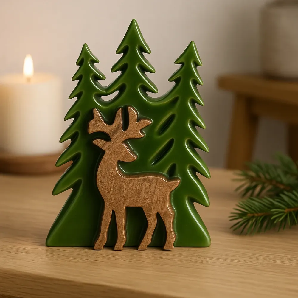 Decorazione smaltata 3D legno di mango con cervo nella foresta