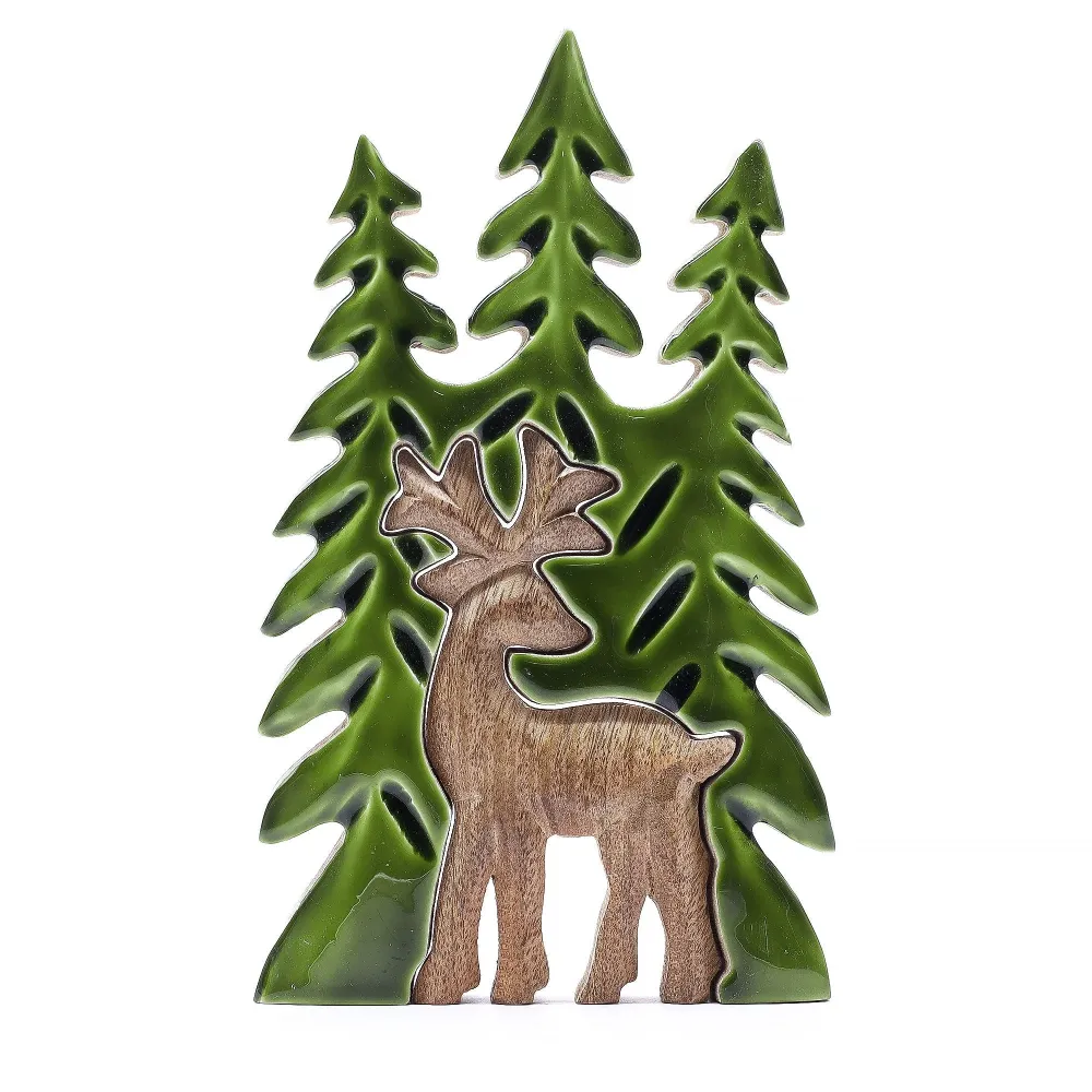 Decorazione smaltata 3D legno di mango con cervo nella foresta