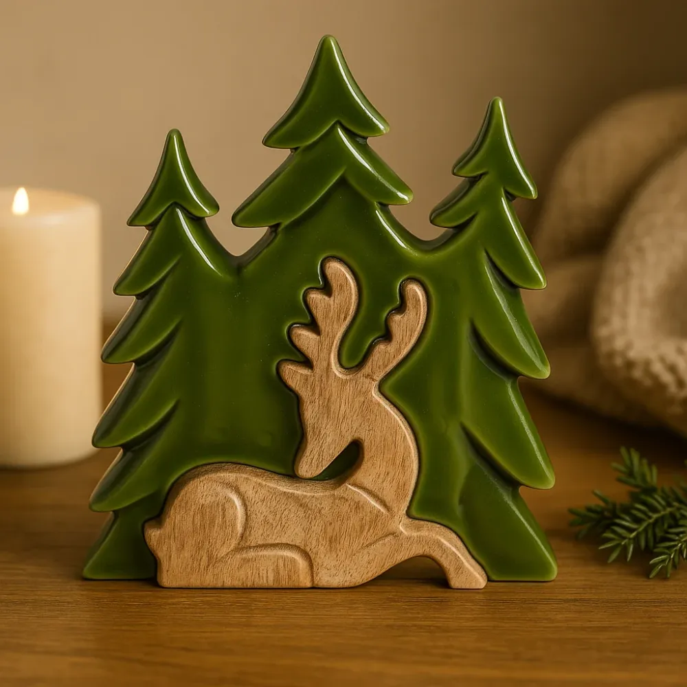 Ornamento 3D legno di mango Cervo cervo boschivo 23x20cm