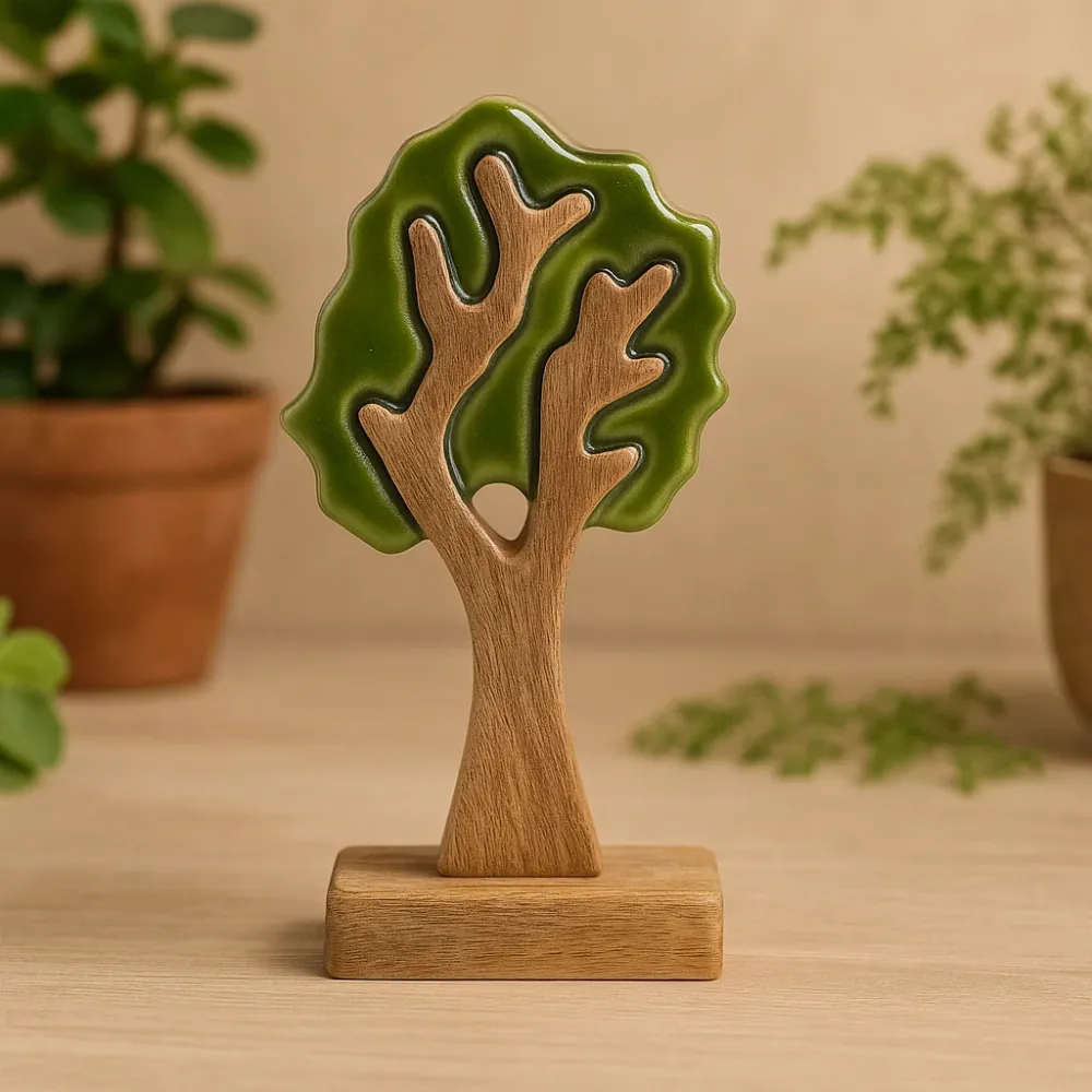 Scultura da tavolo 3D forma di albero legno di mango artigianale 20x10cm