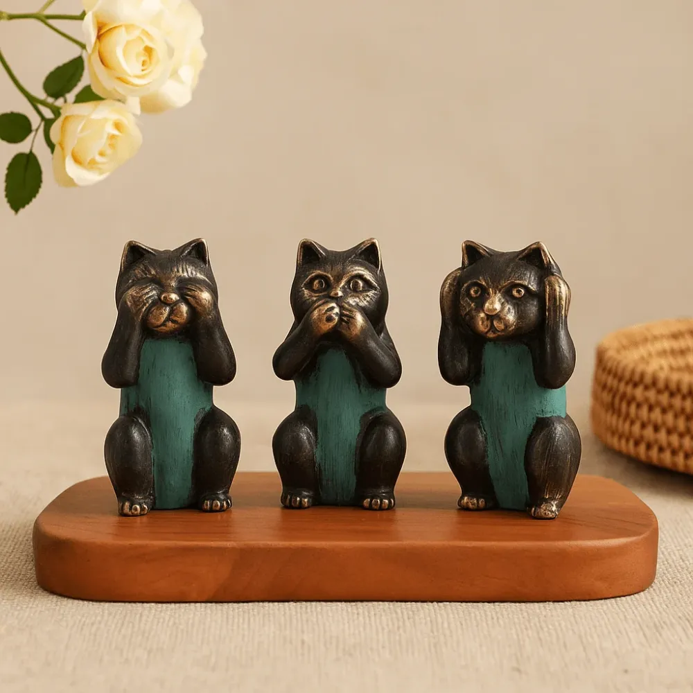 Figurine di Gatto Ottone Set dei 3 No Evil