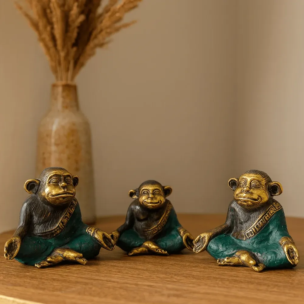 Figurine di scimmia da yoga ottone, set da 3