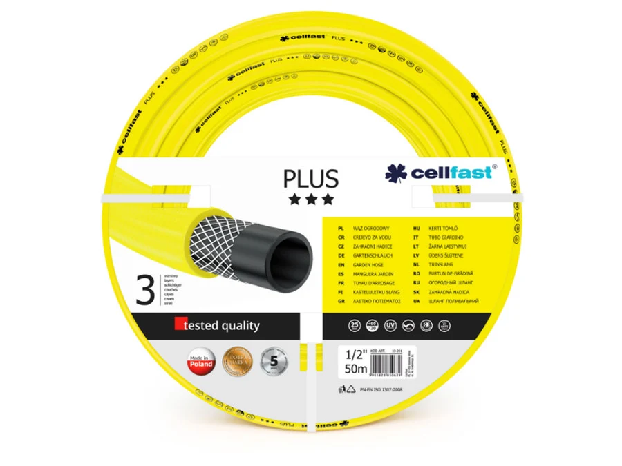 Cellfast 10-201 PLUS Garden Hose Pipe 1/2" 50m 3 Layers UV-Resistant Solido 25 Bar Algae Resistant con Spugne Filtranti In...