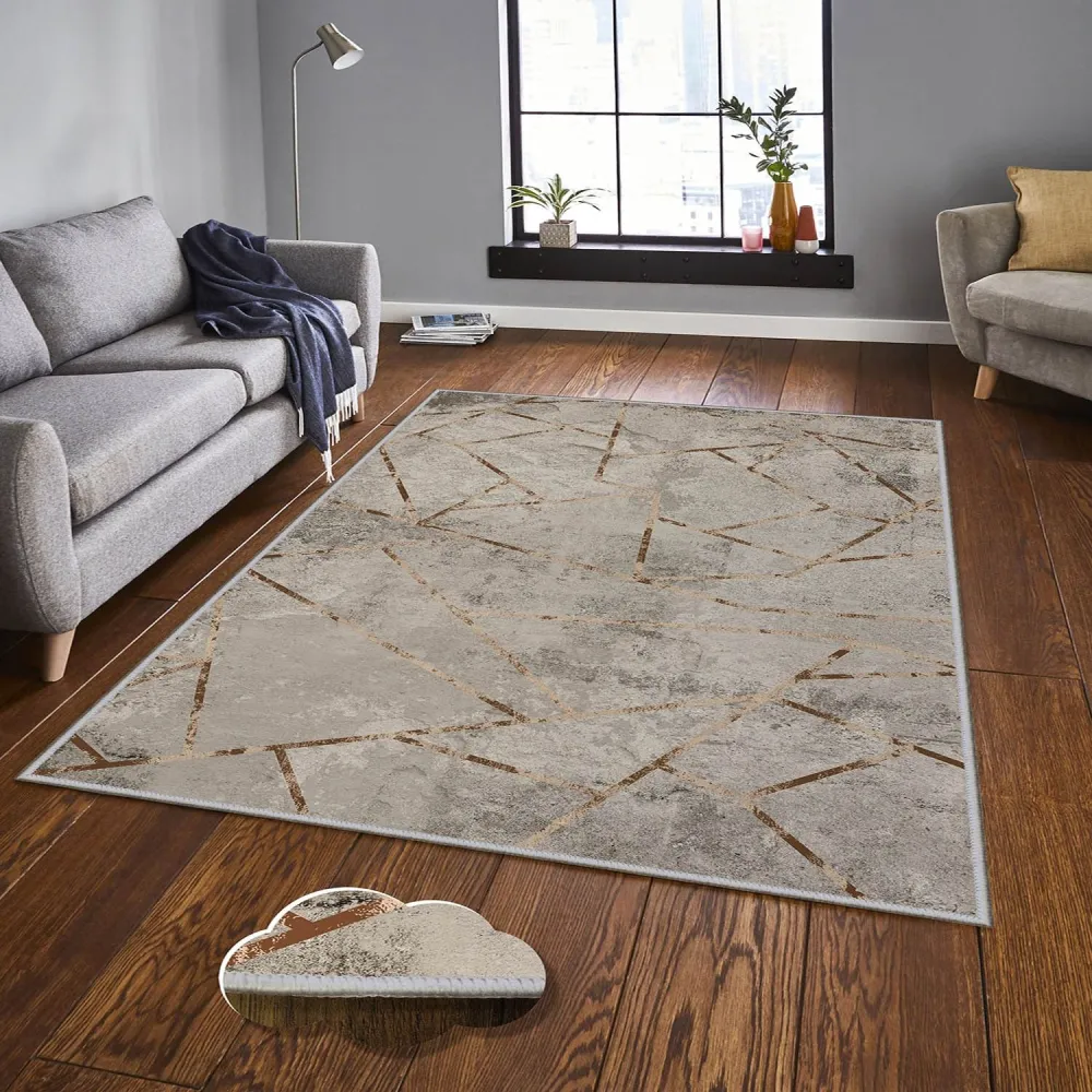 Tappeto Ken 160x230cm Sabbia effetto cemento e linee geometriche astratte Oro