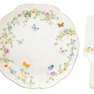 Piatto torta Farfalle Danzanti con pala D32cm porcellana.