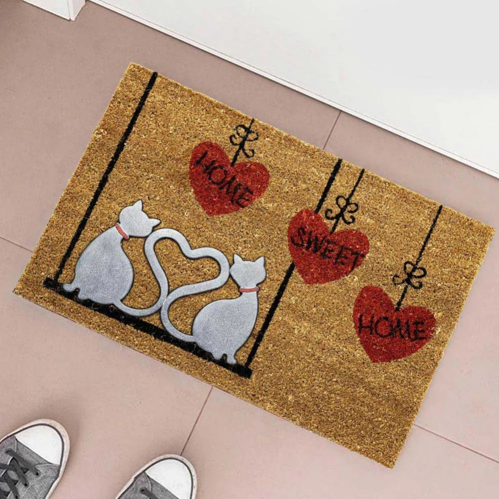 Tappeto Zerbino Fibra di Cocco Love Cats Con Figura Rilievo Gomma 60x40cm