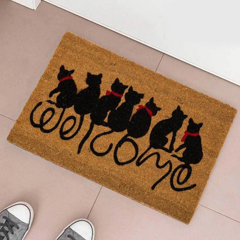 Tappeto Zerbino Gatti Welcome Fibra di Cocco 60x40cm Ingresso Casa Marrone