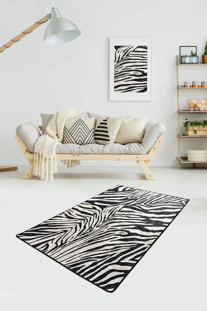 Tappeto Dola 160x230cm Velluto motivo pelle di zebra Bianco e Nero