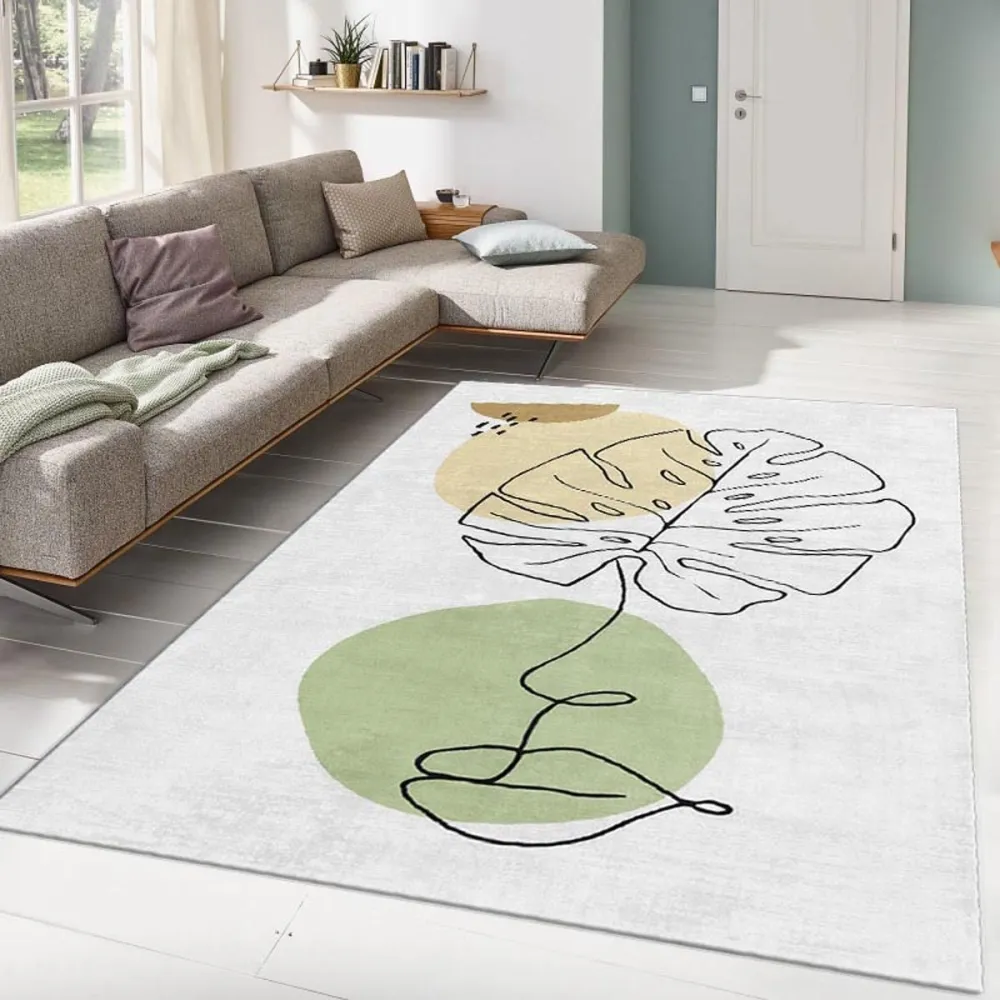 Tappeto Eden 160x230cm Motivo astratto Foglie tropicali e macchia gialla e verde