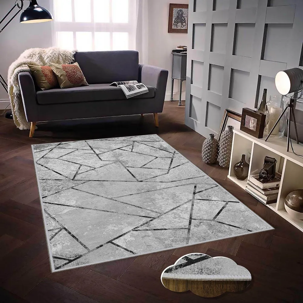 Tappeto Ken 120x180cm Grigio effetto cemento e linee geometriche astratte Nero