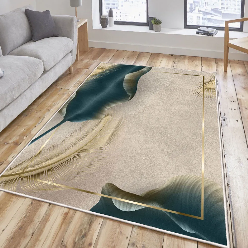 Tappeto Michela 120x180cm velluto beige con motivo di piume oro e verde foglia