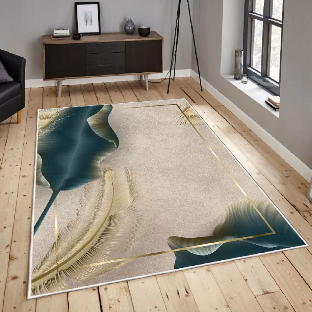 Tappeto Michela 120x180cm velluto beige con motivo di piume oro e verde foglia