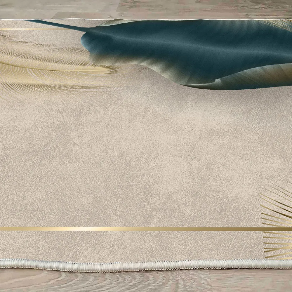 Tappeto Michela 120x180cm velluto beige con motivo di piume oro e verde foglia