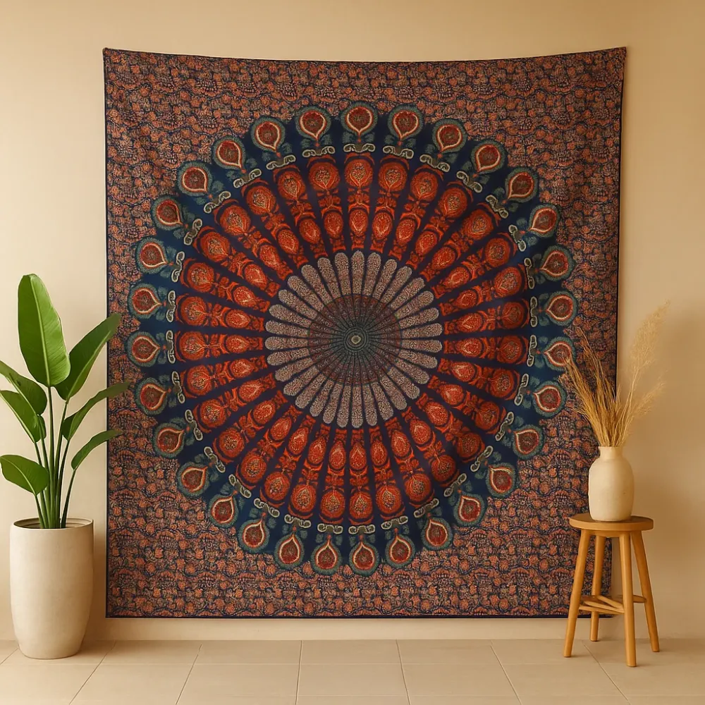 Copriletto e Tappeto da Parete Mandala Pavone, Matrimoniale