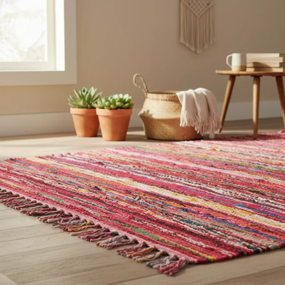 Tappeto stracci di cotone riciclato rosso 150 x 90cm
