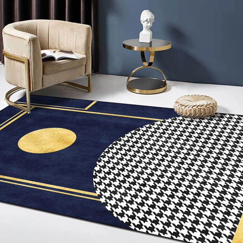 Tappeto con motivo geometrico blu con tappeto minimalista poliestere pied de poule Tappeto lavabile antiscivolo per animal...