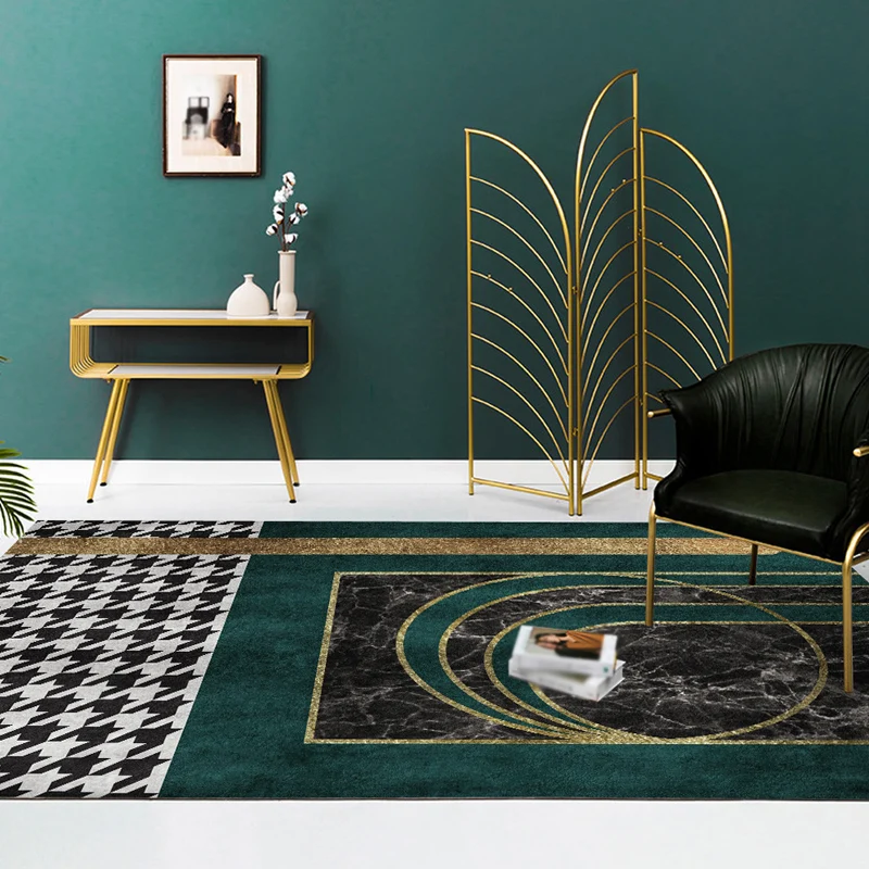 Tappeto con motivo geometrico verde con motivo pied de poule poliestere minimalista Tappeto lavabile antiscivolo per anima...