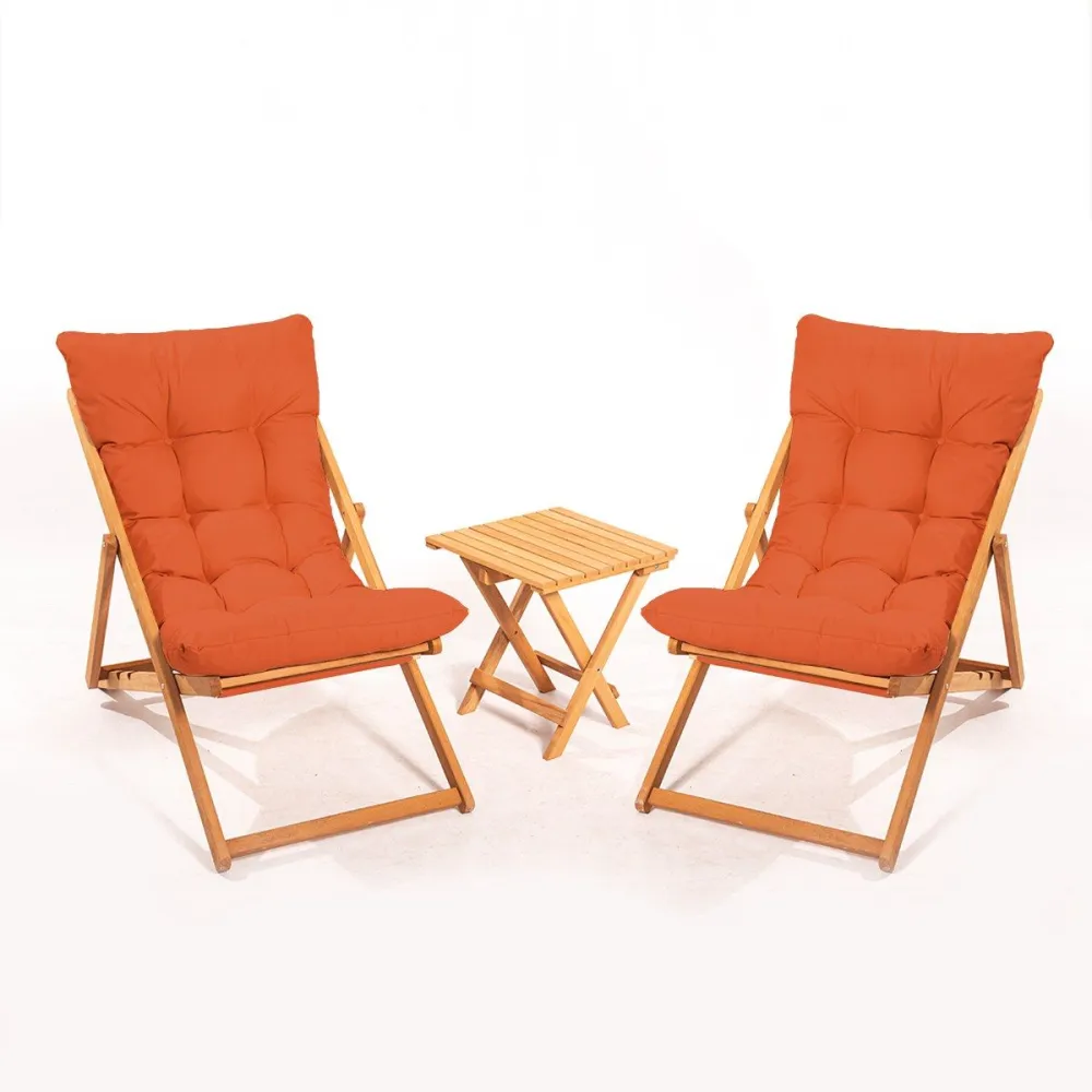 Set di 2 sedie da giardino e 1 tavolino Purrault Legno massiccio chiaro e tessuto arancione