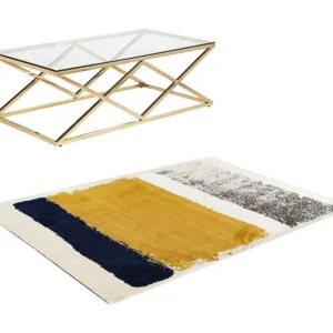Set tavolino Dorato CHARLOTTE e Tappeto Blu, Senape e Grigio CAMDEN