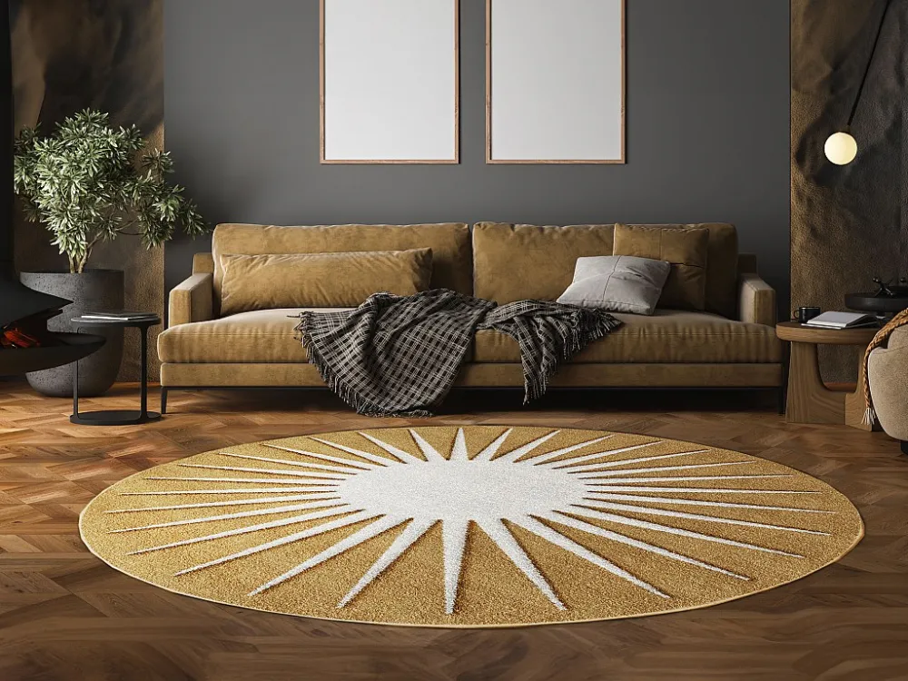 Superficie Rigida Tappeto rotondo sole con rilievi D.200 cm Senape e Bianco LUMINIO