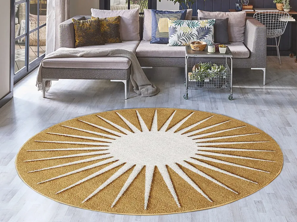 Superficie Rigida Tappeto rotondo sole con rilievi D.200 cm Senape e Bianco LUMINIO