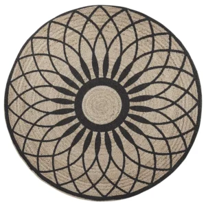 Telaio Legno Tappeto Iuta Naturale Rotondo ⌀ 140 cm Sabbia e Nero KULLAR