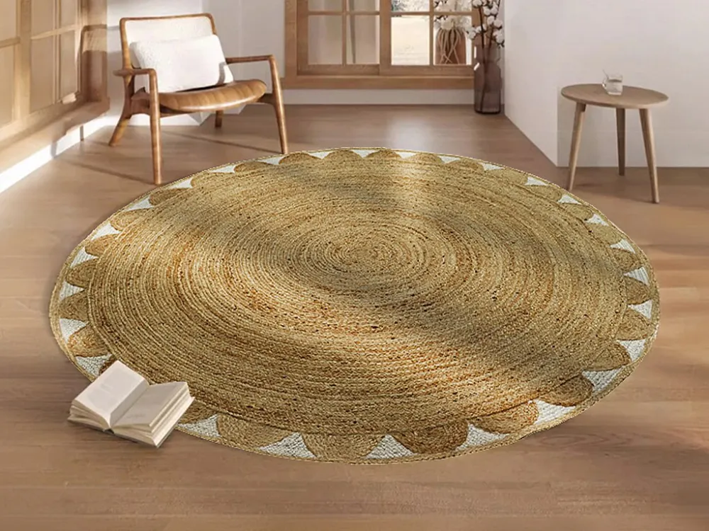 Telaio Legno Tappeto rotondo floreale 100% Juta D. 200 cm Naturale - INDIRA