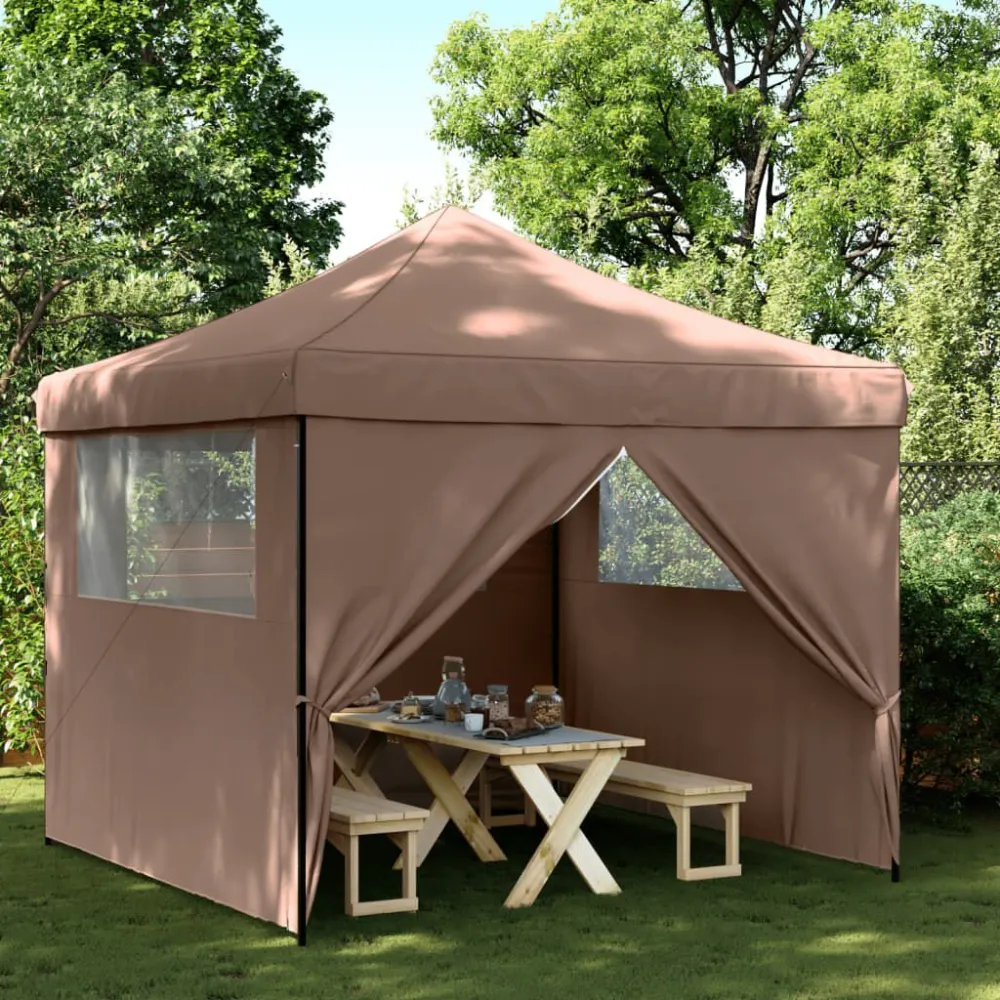 Ombrellone da Terrazzo Tendone per Feste Pieghevole Pop-Up con 4 Pareti Marrone
