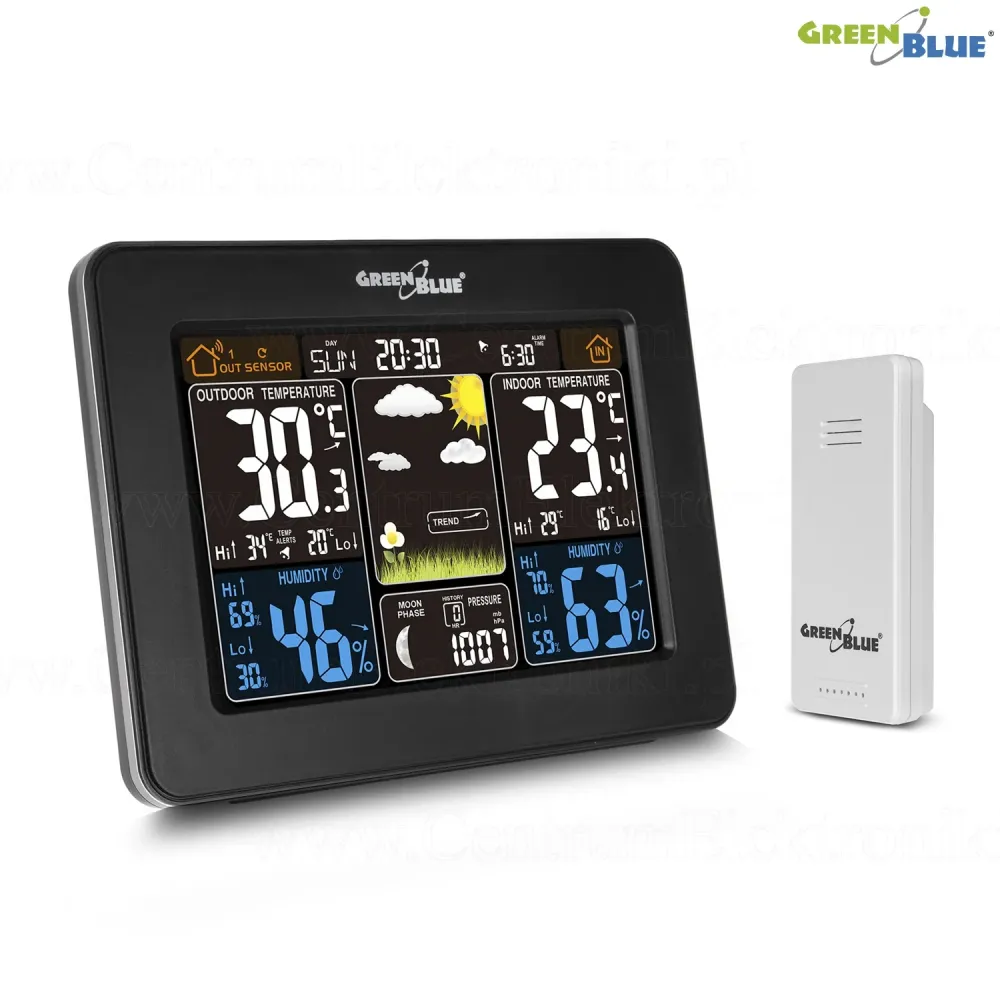 GreenBlue GB 523 Weather Station DCF Alarm Display Indoor Outdoor Sensor Temperature Humidity con Allarme Gelo