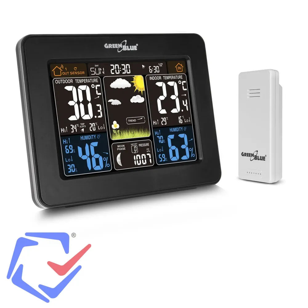 GreenBlue GB 523 Weather Station DCF Alarm Display Indoor Outdoor Sensor Temperature Humidity