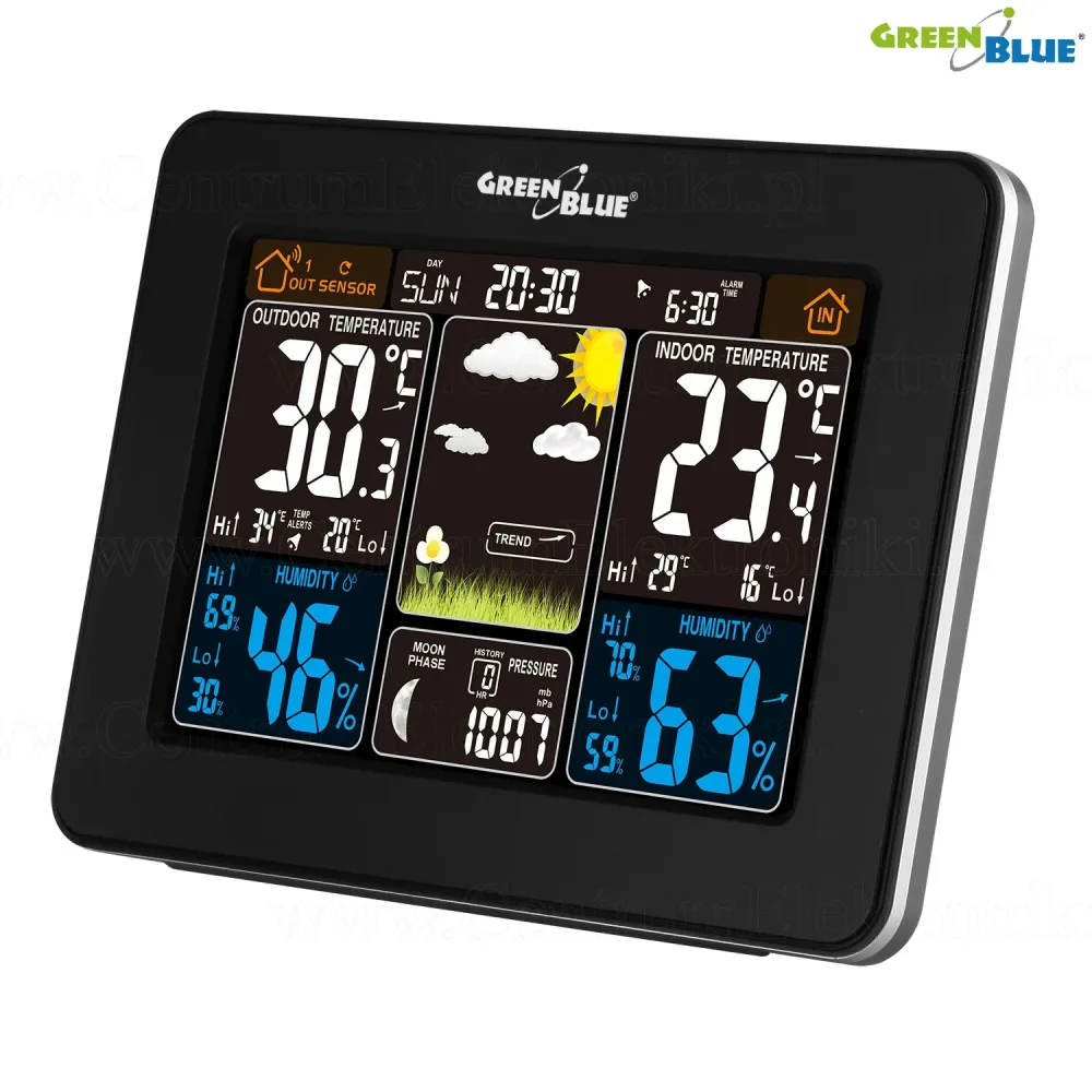 GreenBlue GB 523 Weather Station DCF Alarm Display Indoor Outdoor Sensor Temperature Humidity