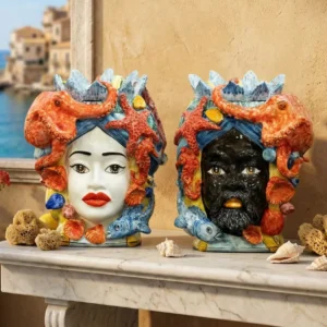 Coppia teste di moro ceramica Siciliana di Caltagirone decorate mano tema mare H30