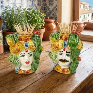 Coppia Teste di Moro Ceramica Siciliana di Caltagirone Stile Tradizionale Ficodindia