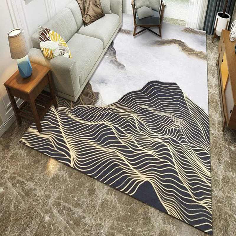 Tappeto poliestere stile moderno con pittura inchiostro con linea curva colore ombroso per stanza