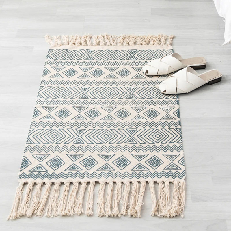Tappeto Boho multicolore misto cotone con motivo sud-occidentale Tappeto lavabile lavatrice realizzato mano con nappa per...