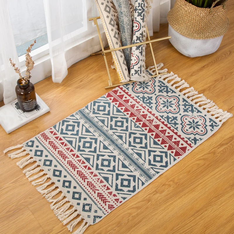 Tappeto Boho multicolore misto cotone con motivo sud-occidentale Tappeto lavabile lavatrice realizzato mano con nappa per...