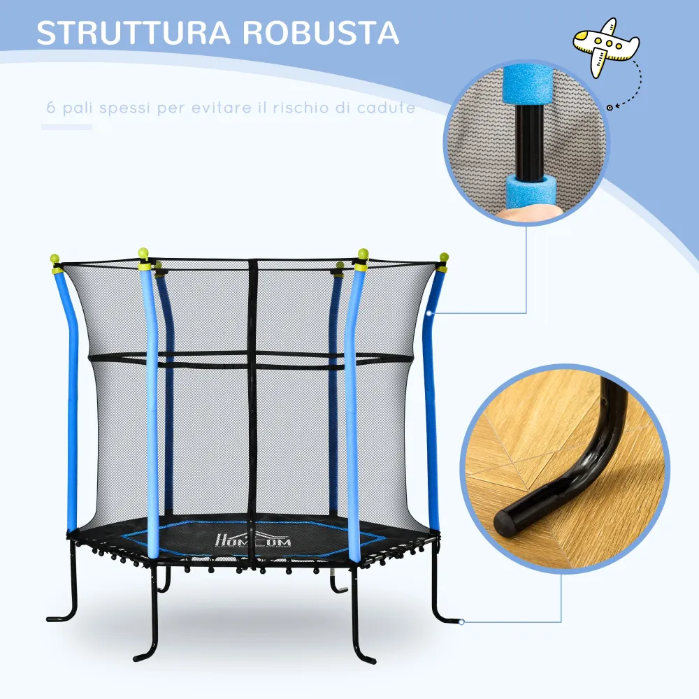 EasyComfort Tappeto Elastico per Bambini 3-10 Anni con Rete di Sicurezza e Corde Elastiche, Φ160x163.5 cm, Blu e Nero