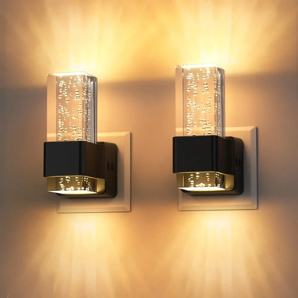 2-Pack Square Crystal Bubble Night Lights, Soft Warm Glow Premium Black Shell, Decorative Plug- Wall Light