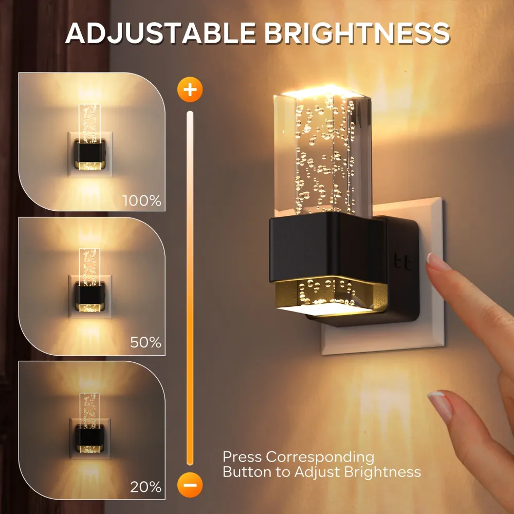 2-Pack Square Crystal Bubble Night Lights, Soft Warm Glow Premium Black Shell, Decorative Plug- Wall Light