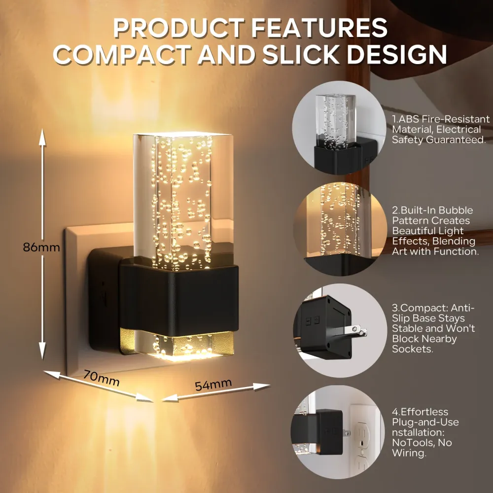 2-Pack Square Crystal Bubble Night Lights, Soft Warm Glow Premium Black Shell, Decorative Plug- Wall Light