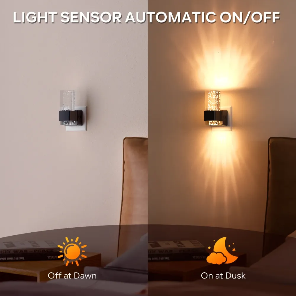 2-Pack Square Crystal Bubble Night Lights, Soft Warm Glow Premium Black Shell, Decorative Plug- Wall Light