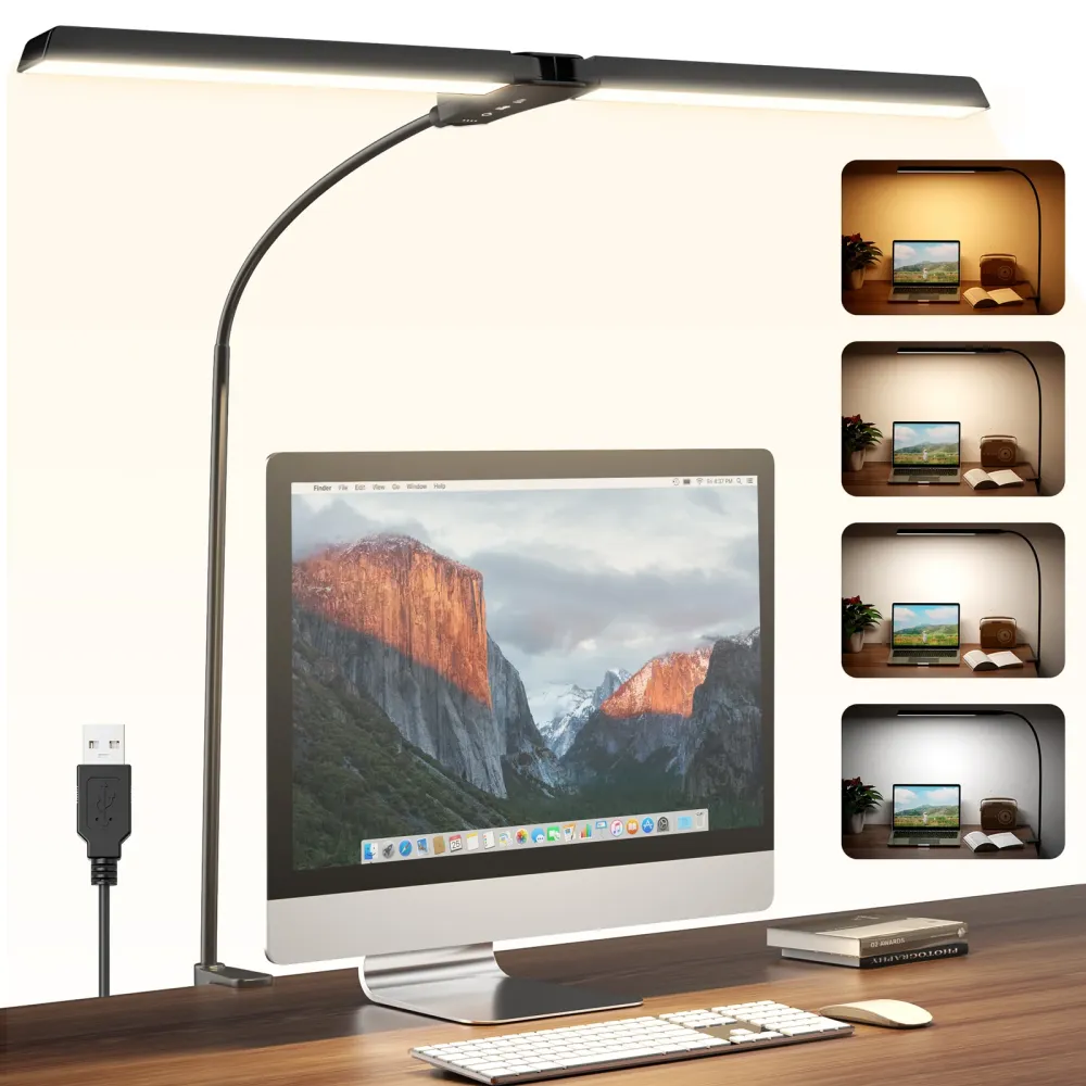 Dual-Head Eye-Caring Desk Lamp, No Blue Light, USB Powered, Dimmable LED Clamp Light Reading, Study & Office, Soft Light T...