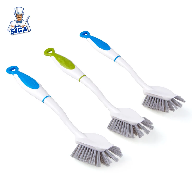 MR.SIGA Dish Brush Handle Built- Scraper, Pans, Pots, Kitchen Sink Cleaning, Pack 3