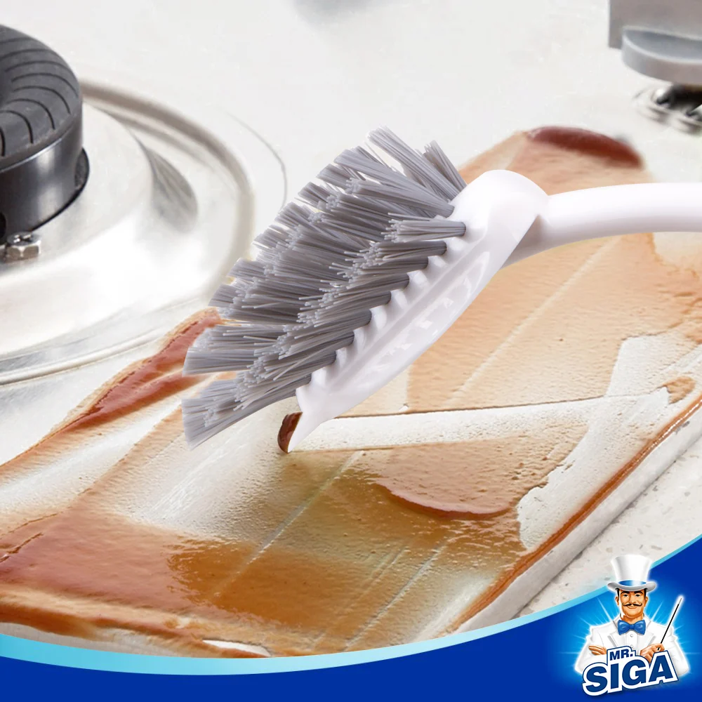 MR.SIGA Dish Brush Handle Built- Scraper, Pans, Pots, Kitchen Sink Cleaning, Pack 3