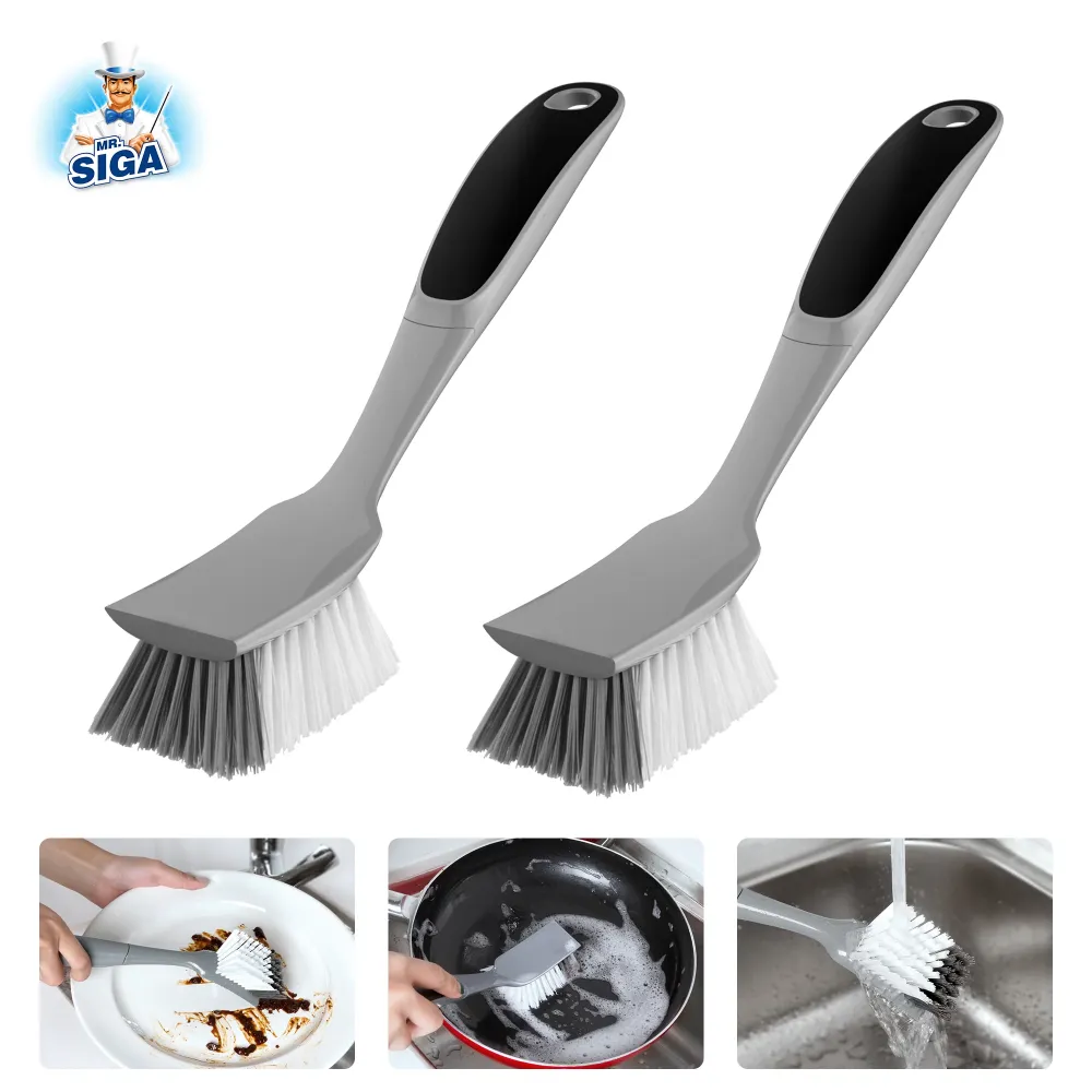 MR.SIGA Dish Brush Non Slip Handle Built- Scraper, Pack 2